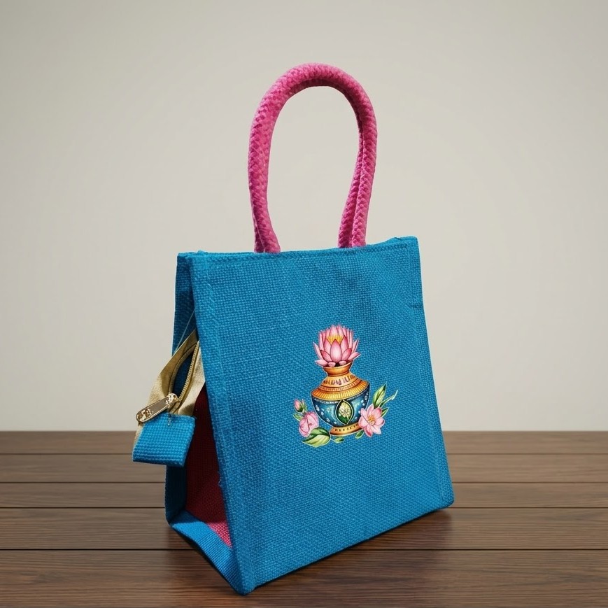 Designer Lotus Kalash Jute Return Gift Bag