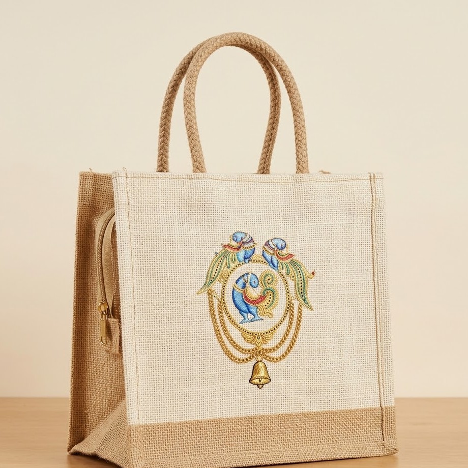 Peacock Design Jute Hand Bag
