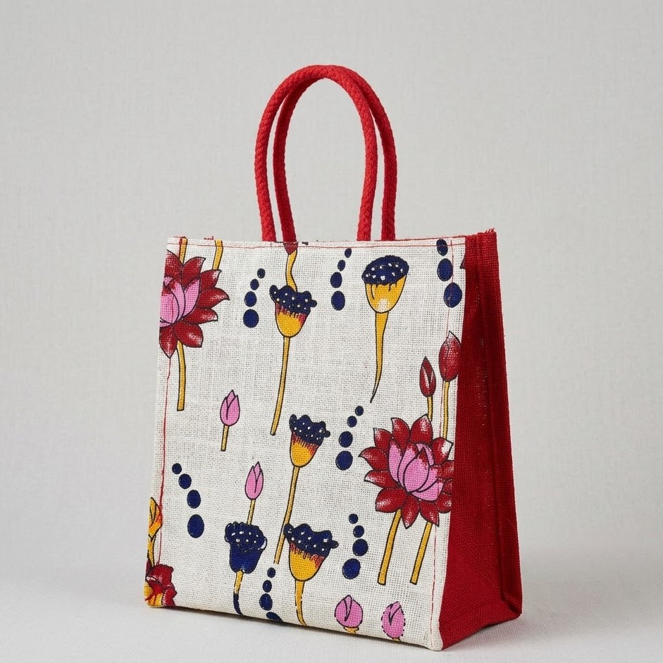 Designer Lotus Floral Jute Return Gift Bag