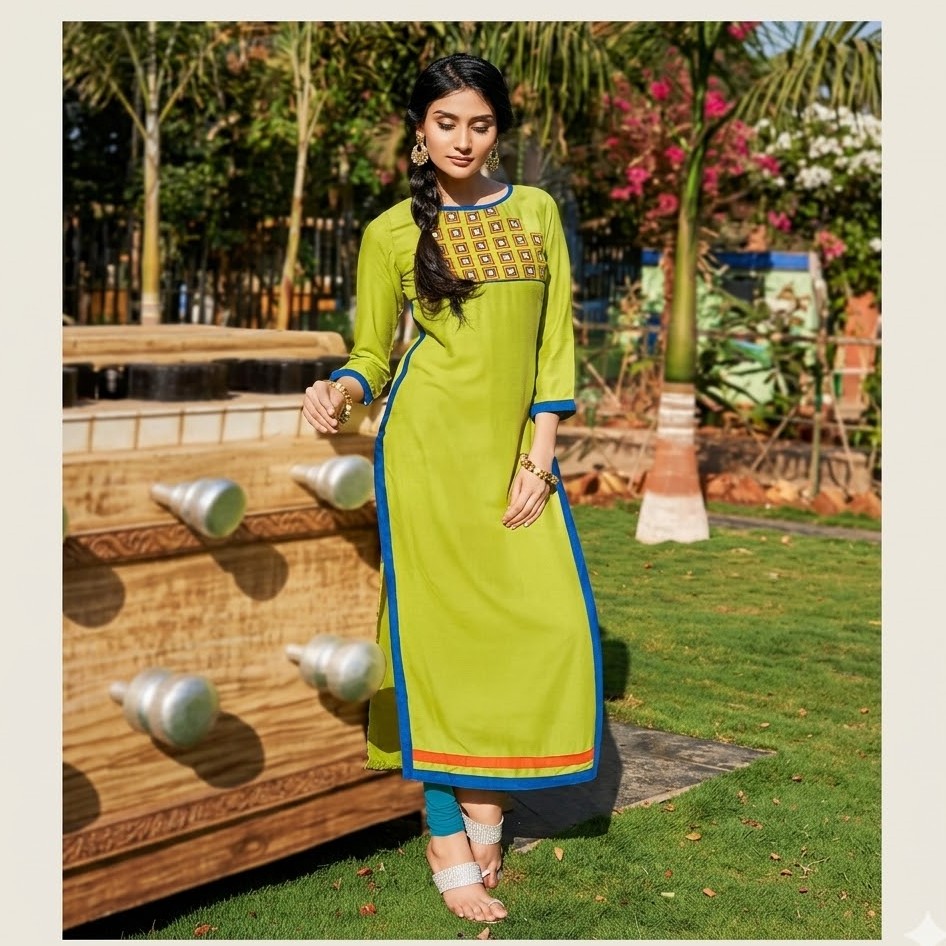 Contrast Panel Straight Kurti with Yoke Design