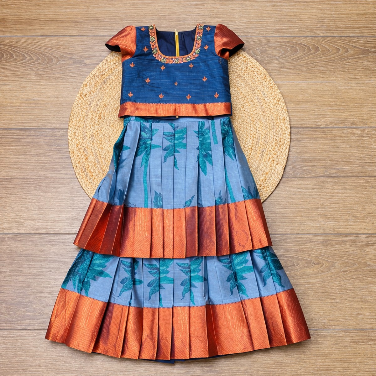 Blue Leaf Ethnic Party Dress