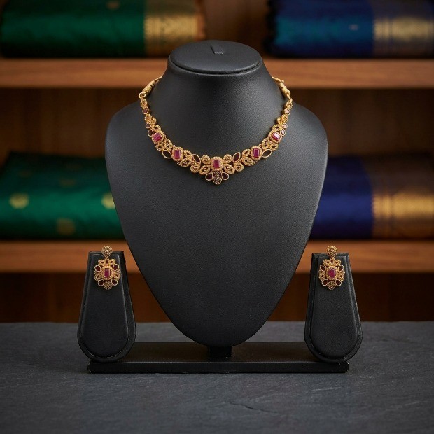 Gold-Plated Ruby Necklace Set with Earrings