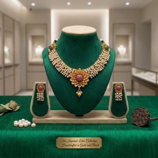 Gold-Plated Bridal Necklace Set with Pearl Detailing and Flower Design