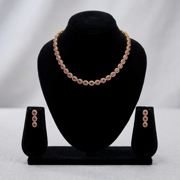 Gold-Plated Necklace Set with Red Stones