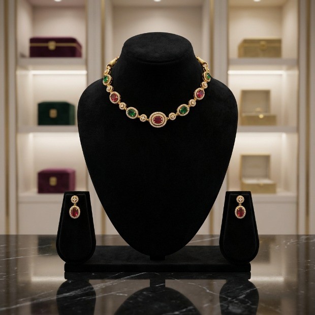 Gold-Plated Necklace Set with Green and Red Stones