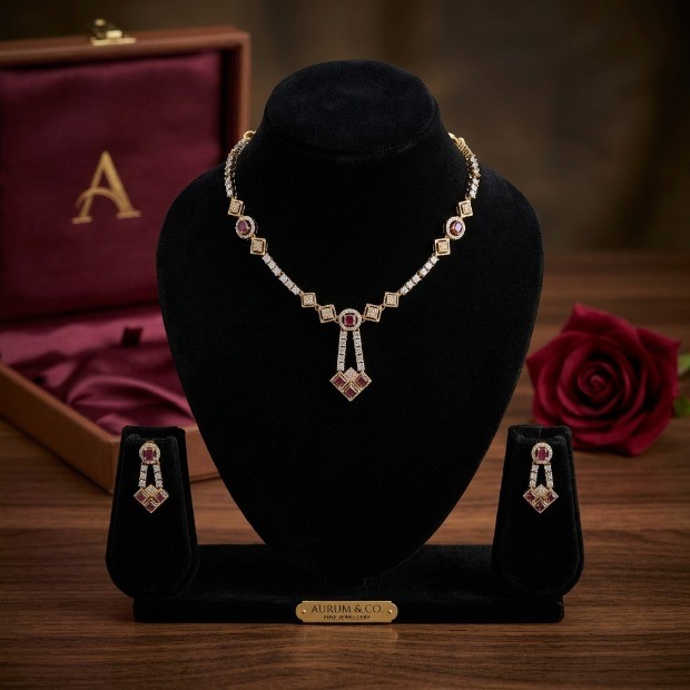 Gold-Plated Necklace Set with Red Stones