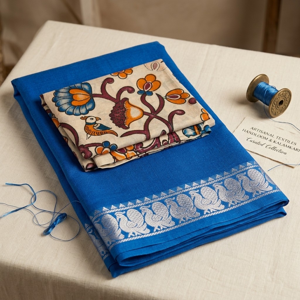 Mangalagiri Saree with Peacock Print Border and Floral Blouse Piece