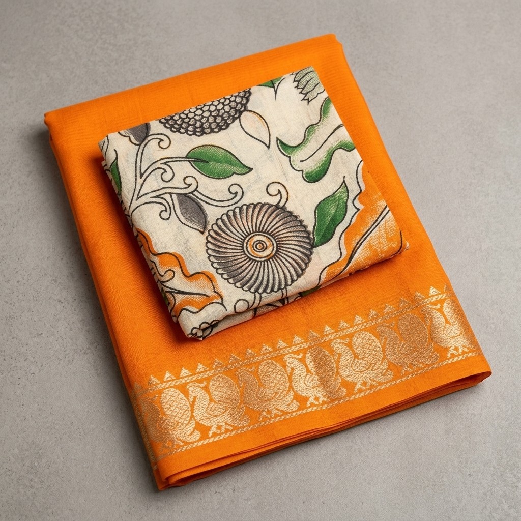 Mangalagiri Saree with Peacock Print Border and Floral Blouse Piece - Orange