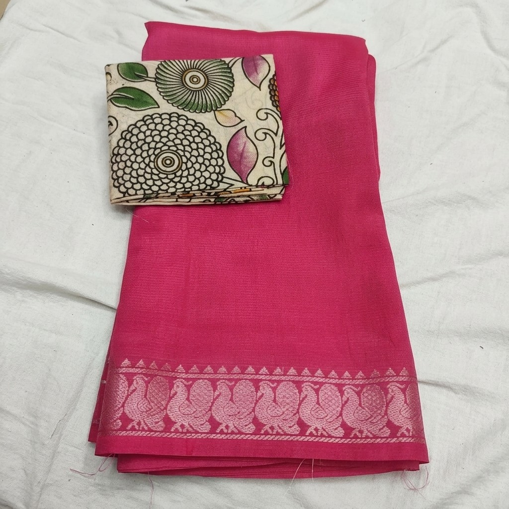 Pink Mangalagiri Saree with Peacock Print Border and Floral Blouse Piece