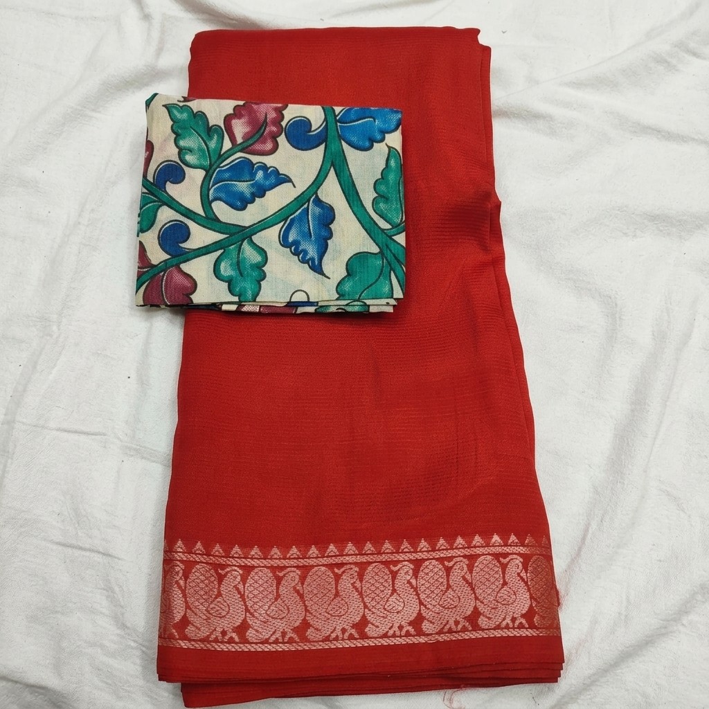 Red Mangalagiri Saree with Peacock Design Border and Floral Blouse Piece