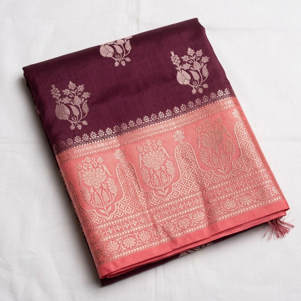 Kora Silk Saree with Floral Woven Design and Contrasting Pink Border
