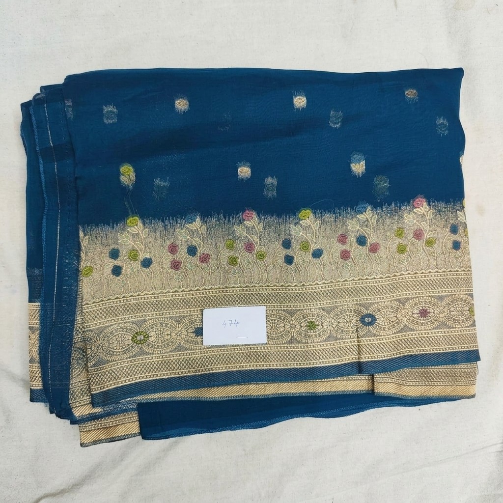 Kora Silk Saree with Floral Embroidery and Metallic Border in Blue