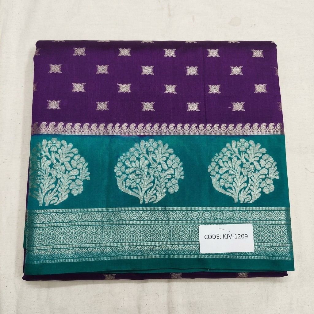 Kora Silk Saree with Intricate Floral Motif and Metallic Border in Purple and Green