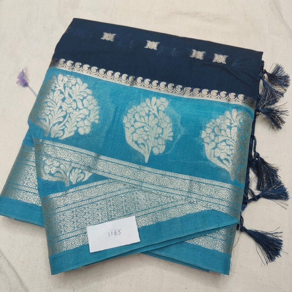 Kora Silk Saree with Silver Floral Motif and Metallic Border in Navy Blue and Turquoise