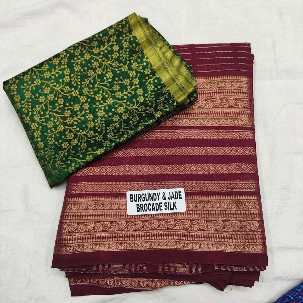 Burgundy and Jade Brocade Silk Saree