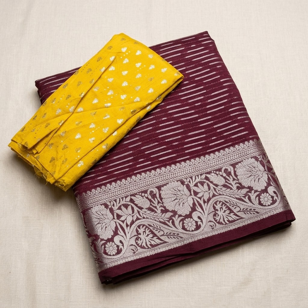 Burgundy and Silver Brocade Silk Saree
