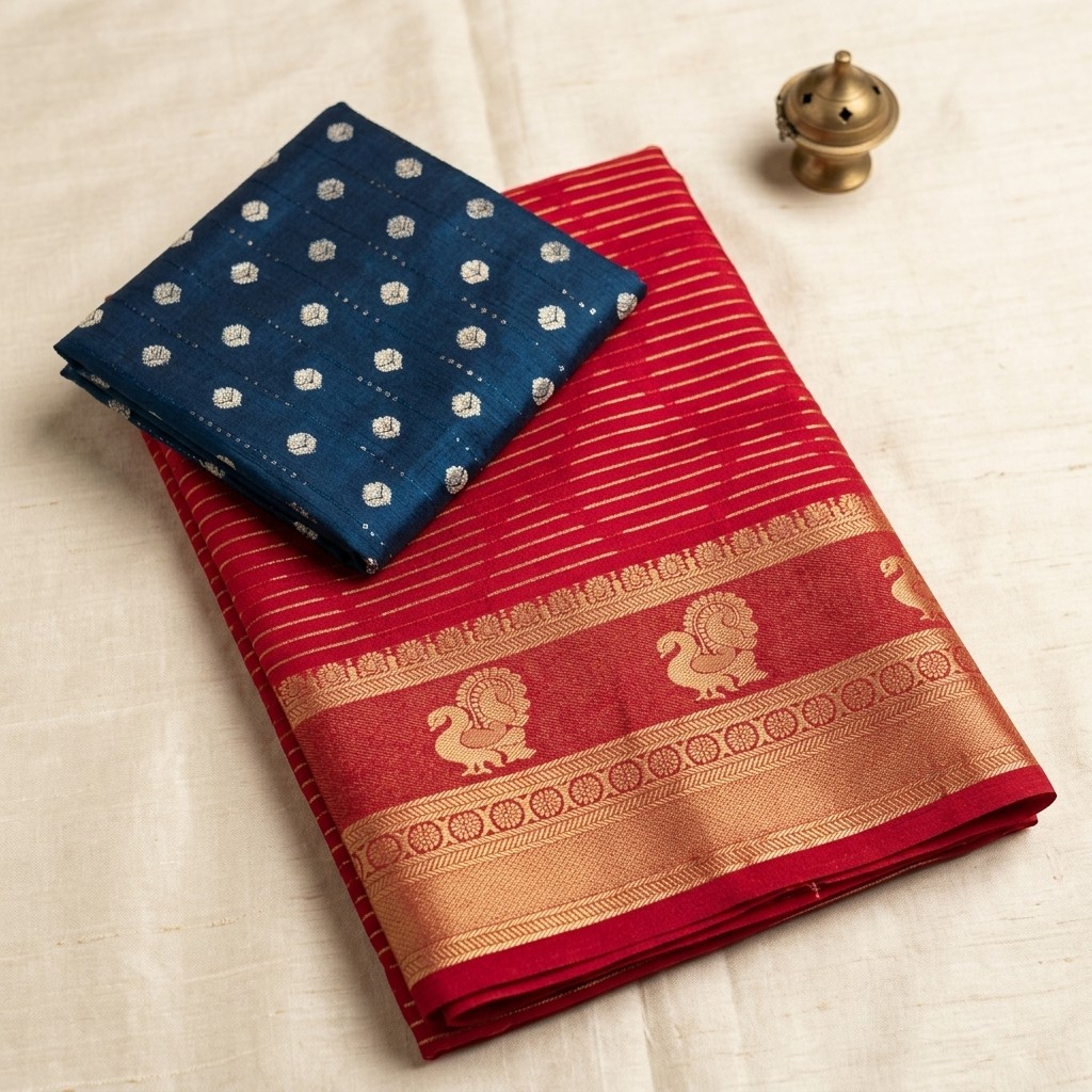 Red and Blue Brocade Silk Saree