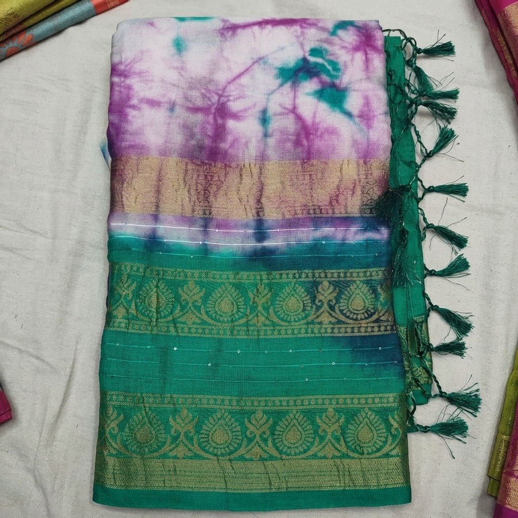 Green and Purple Silk Tie-Dye Saree