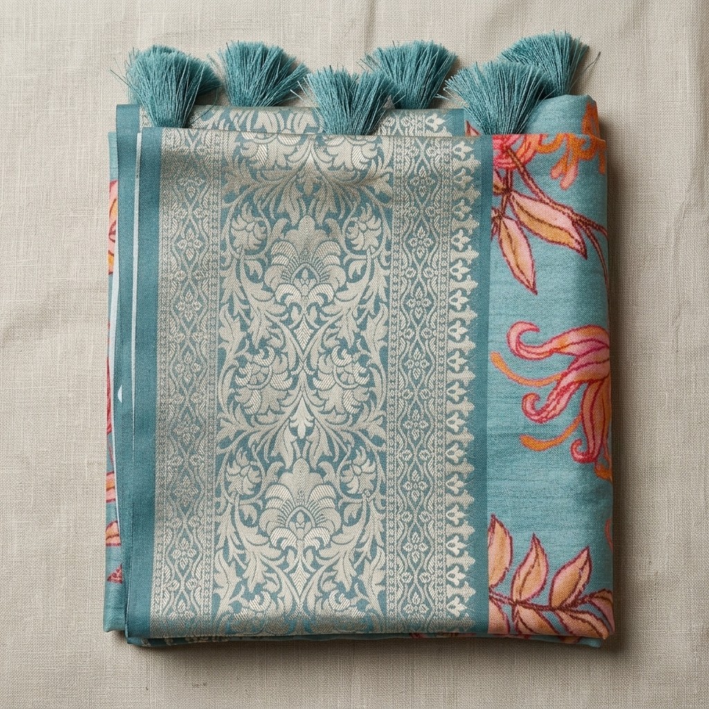 Soft Dola Silk Saree in Blue and Peach with Floral Print