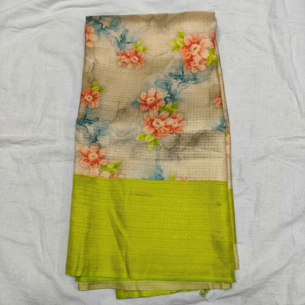Varsha Pattu Saree in Beige and Green with Floral Print