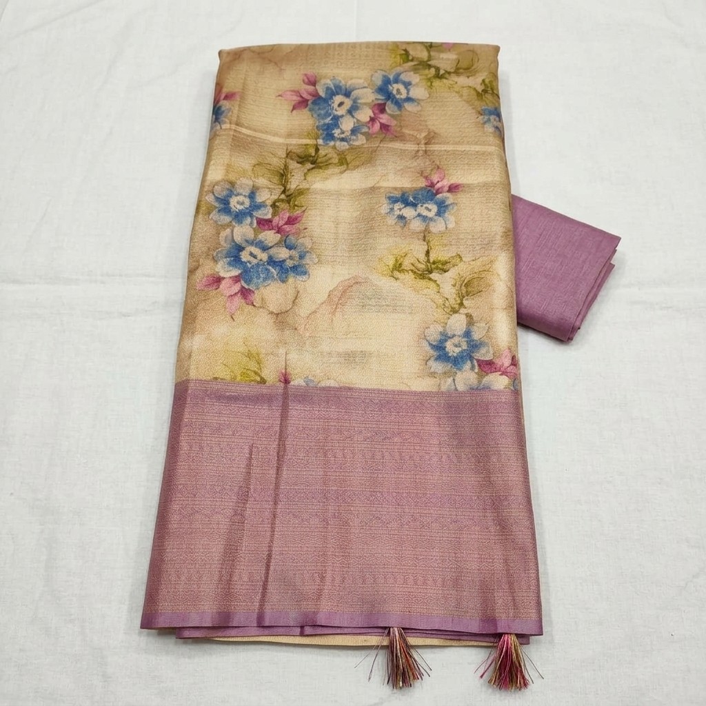 Varsha Pattu Saree in Beige and Lavender with Floral Print