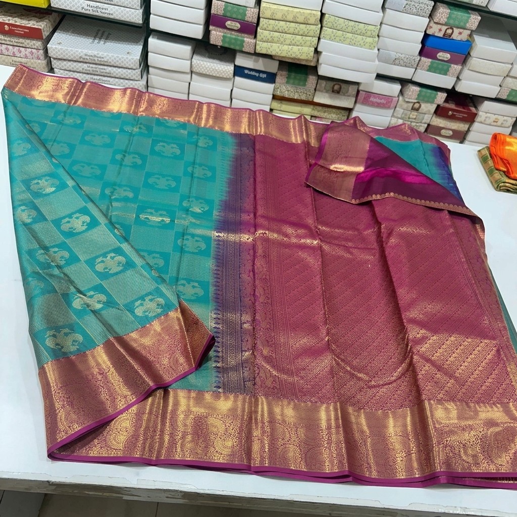 Elegant Teal and Magenta Semi Kanchi Pattu Saree with Golden Zari Border