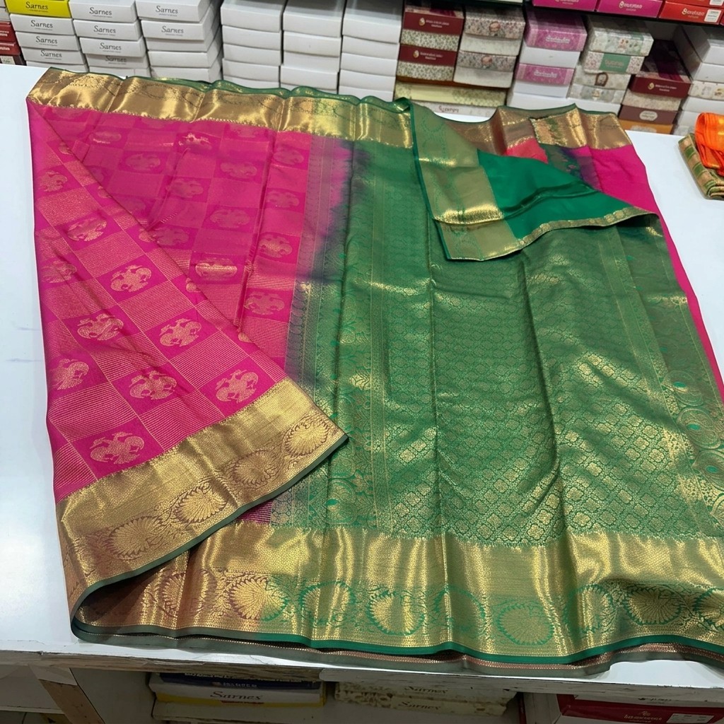 Pink and Green Semi Kanchi Pattu Saree with Golden Zari Border