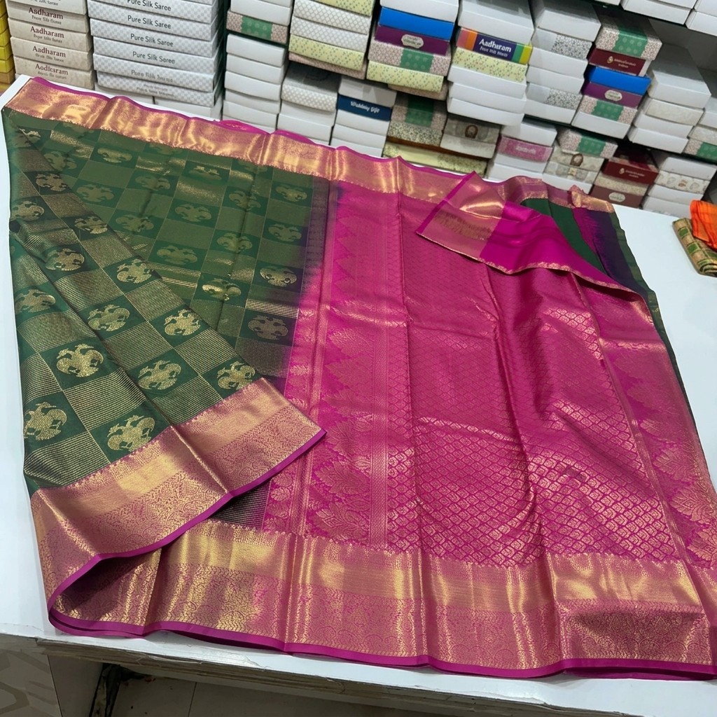 Green and Pink Semi Kanchi Pattu Saree with Golden Zari Work