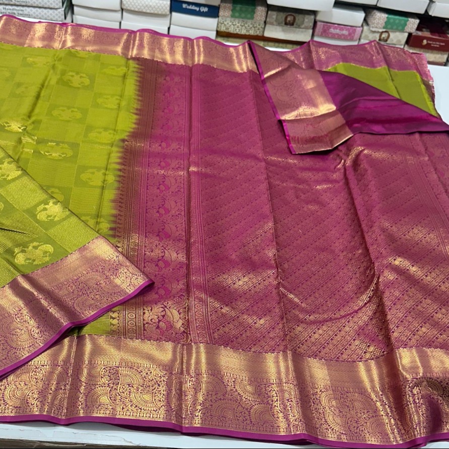 Green and Magenta Semi Kanchi Pattu Saree with Golden Zari Detailing