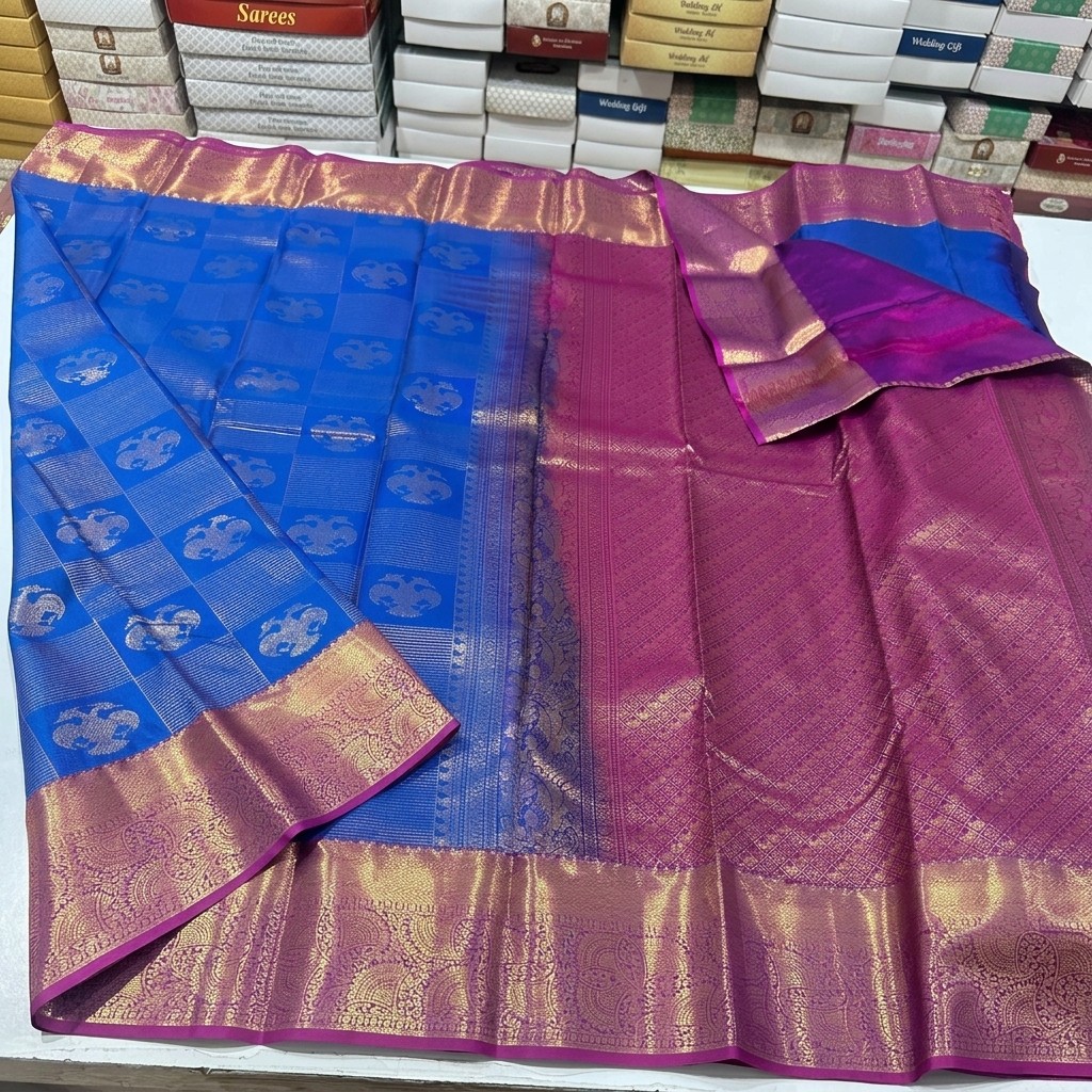 Blue and Magenta Semi Kanchi Pattu Saree with Golden Zari Detailing