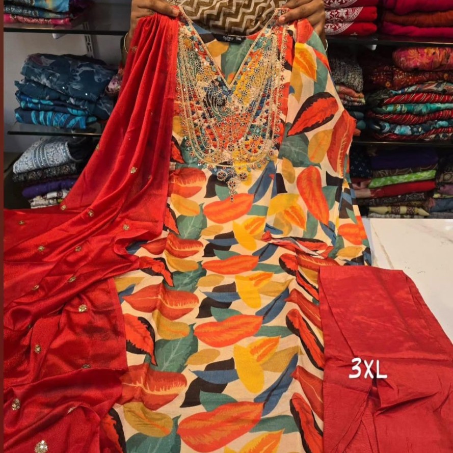 Floral Multicolor Designer 3PC Set with Red Dupatta