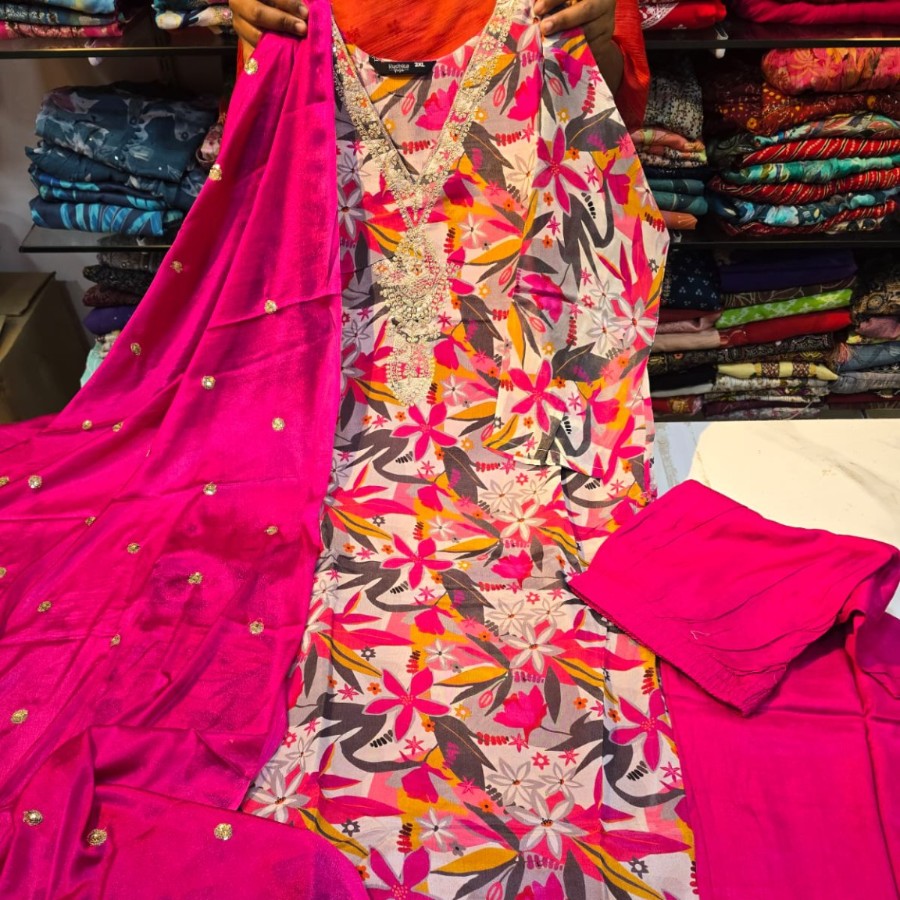 Pink Floral Designer Kurti 3PC Set with Dupatta