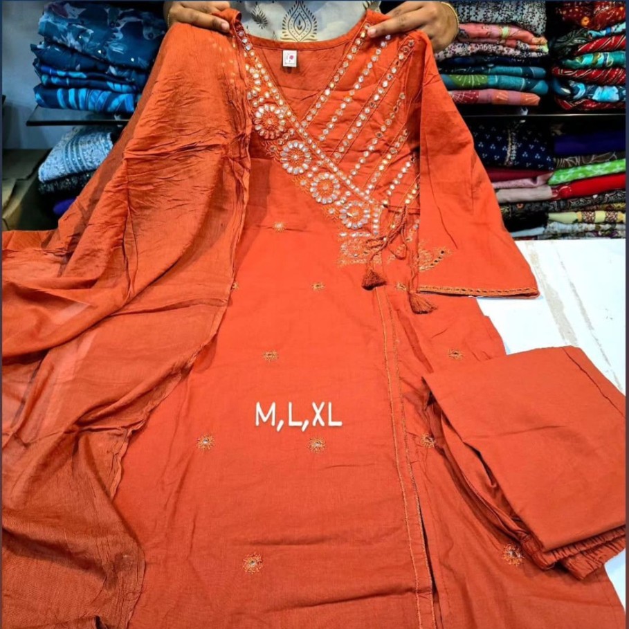 Rust Orange Handwork Kurti 3PC Set with Dupatta