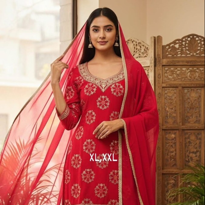 Royal Red Embroidered Kurti 3PC Set with Dupatta