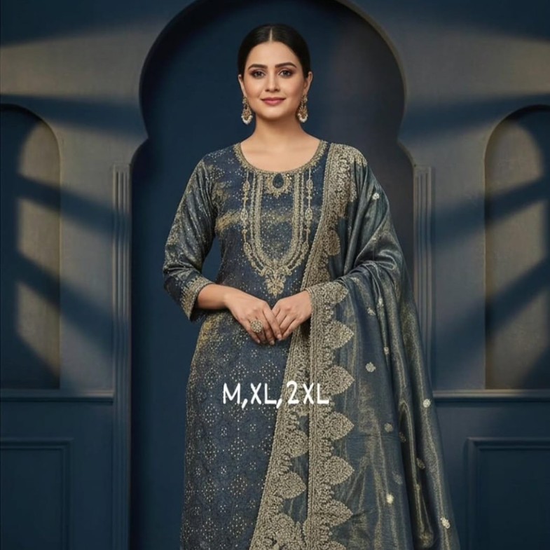 Midnight Blue Embroidered Kurti 3PC Set with Dupatta