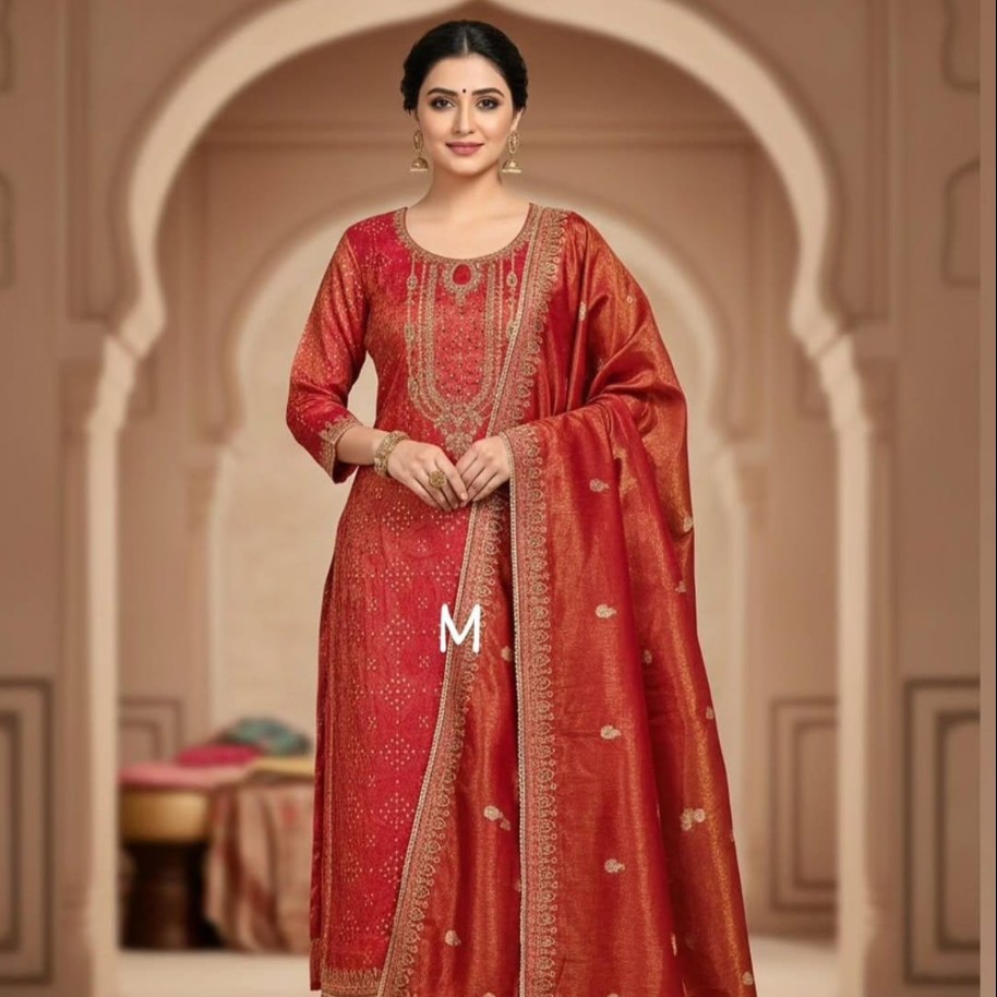 Premium Red Zari Embroidered Kurti 3PC Set with Dupatta