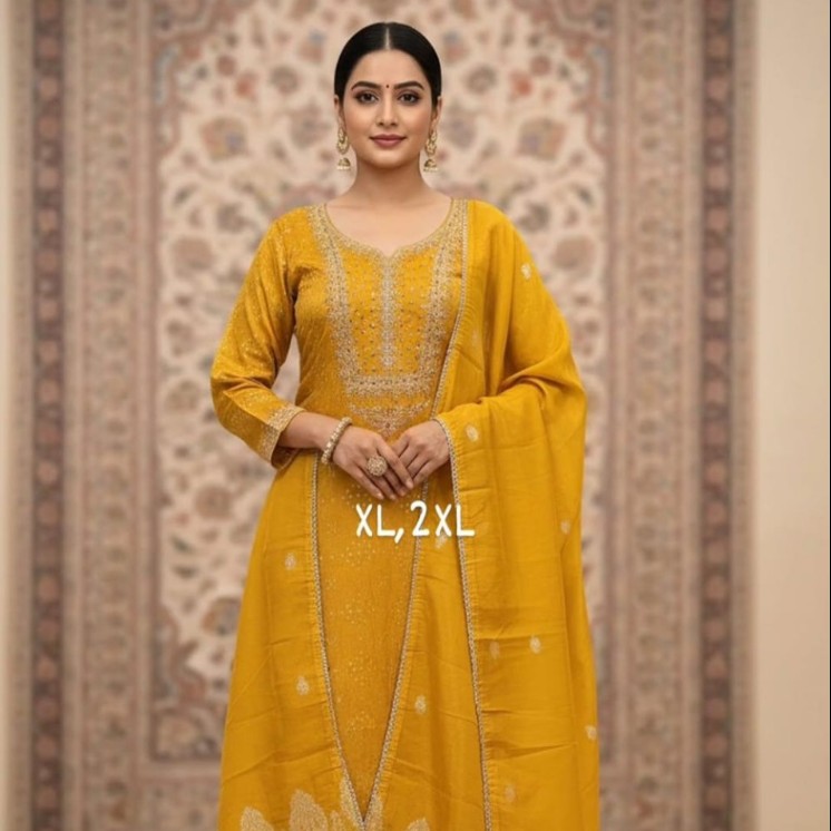 Mustard Yellow Zari Embroidered Kurti 3PC Set with Dupatta
