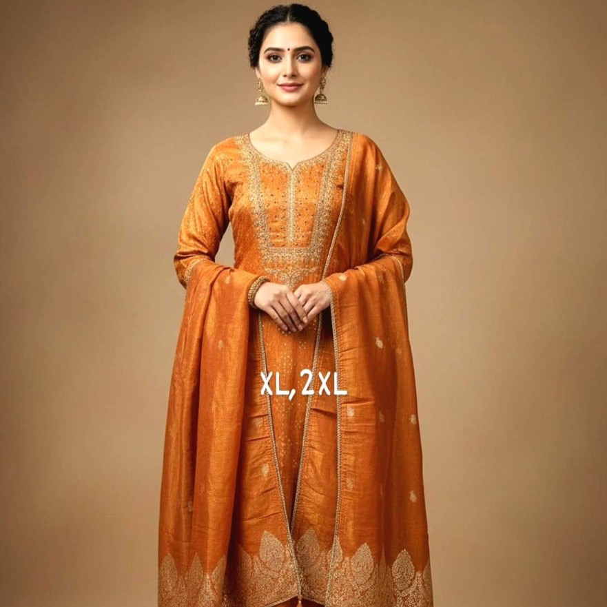 Golden Rust Zari Embroidered Kurti 3PC Set with Dupatta