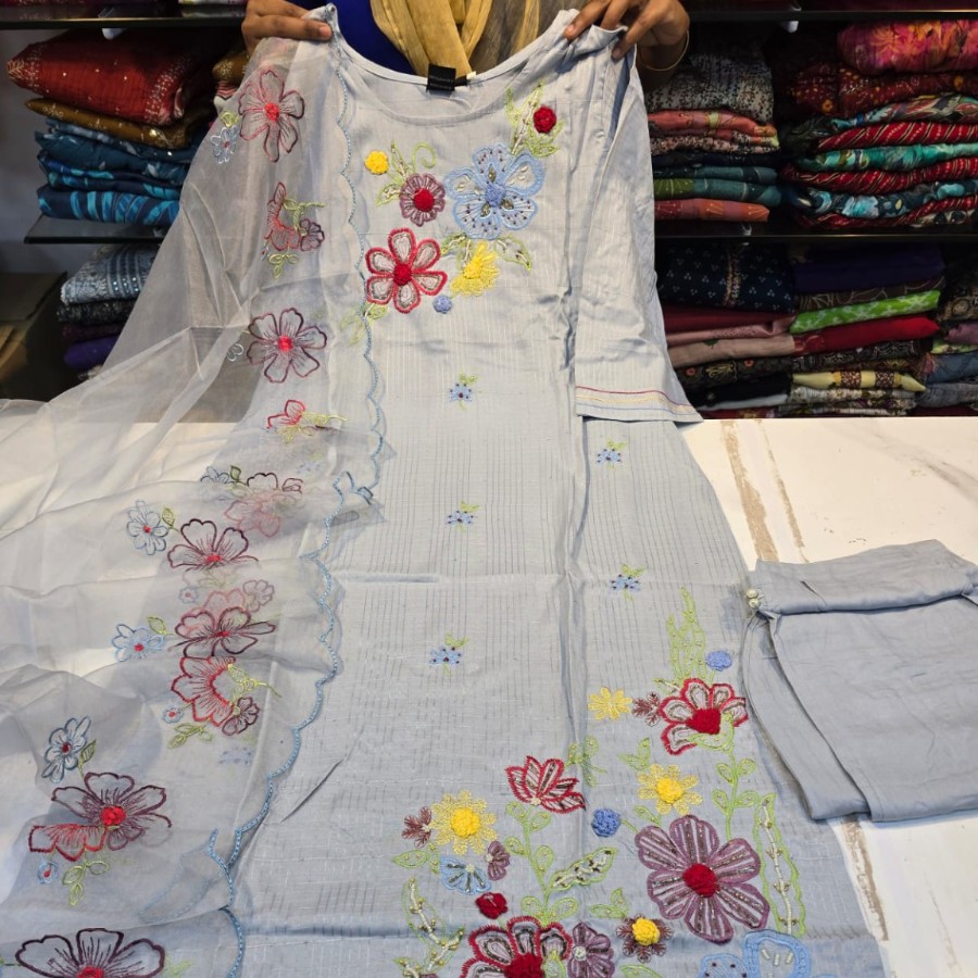 Sky Blue Floral Embroidered Kurti 3PC Set with Dupatta