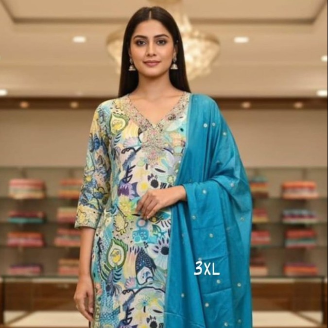 Teal Blue Printed Designer Kurti 3PC Set with Dupatta