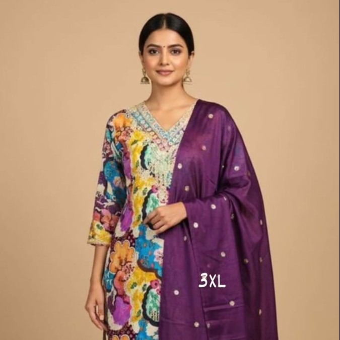 Purple Floral Printed Designer Kurti 3PC Set with Dupatta