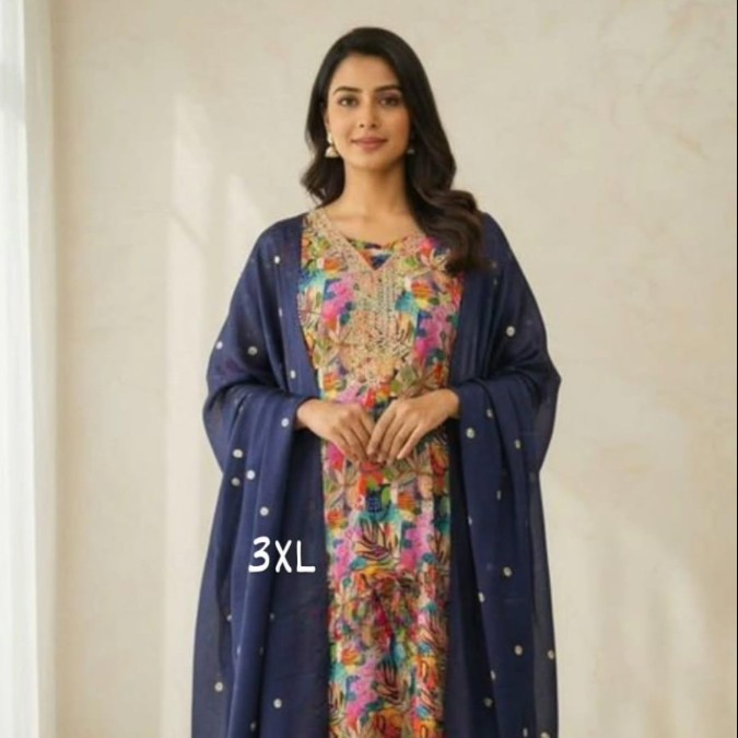 Navy Blue Floral Designer Kurti 3PC Set with Dupatta