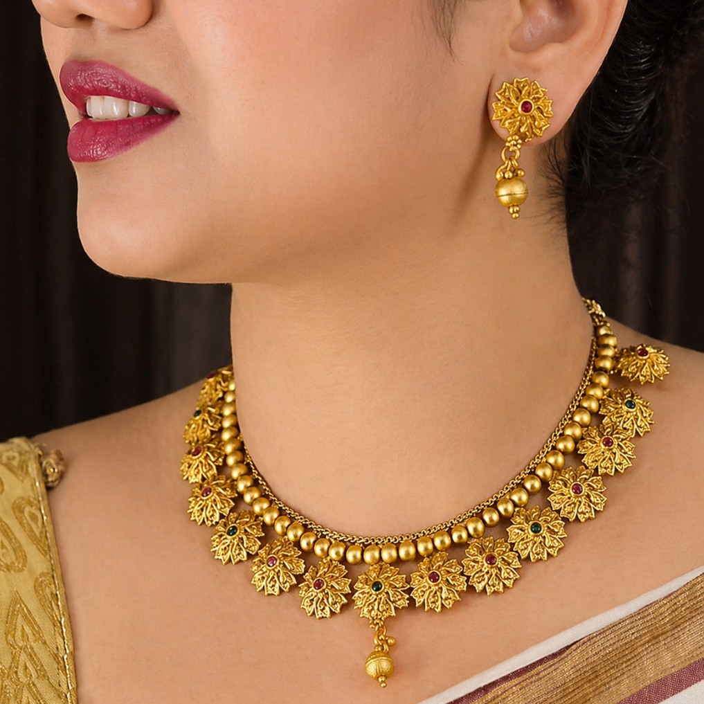 Antique Gold Floral Temple Necklace Set
