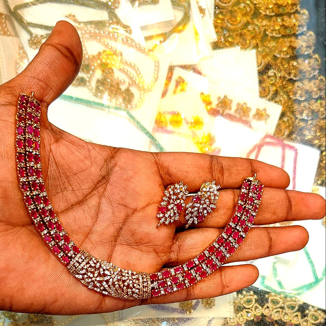 Ruby Stone Diamond Finish Necklace Set