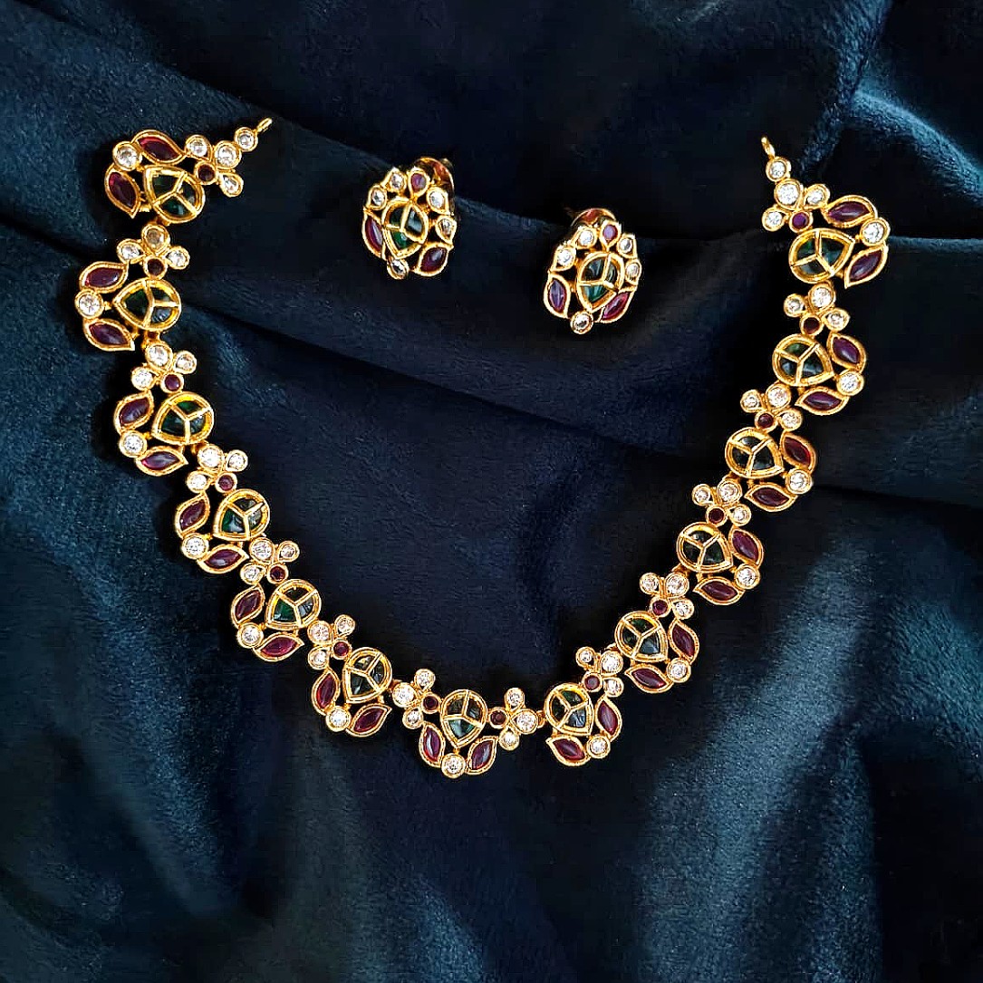 Kundan Ruby Emerald Floral Necklace Set