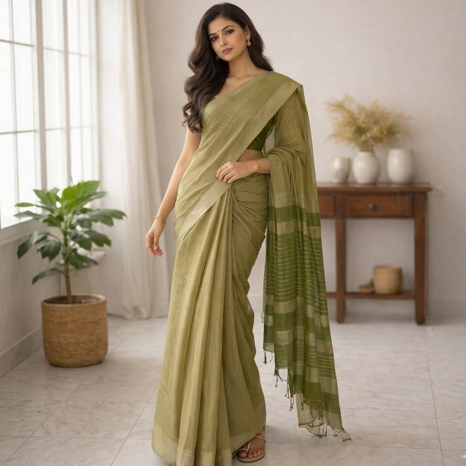 Olive Elegance Linen Saree