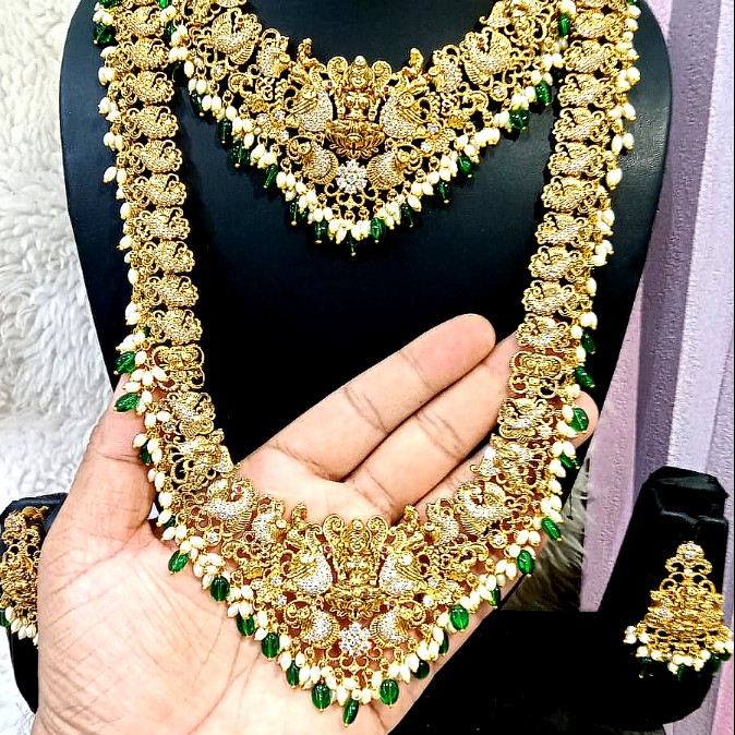 Lakshmi Antique Green Beads Long Haram Set