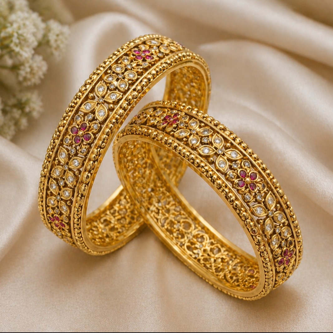 Floral Antique Gold Bangle Pair