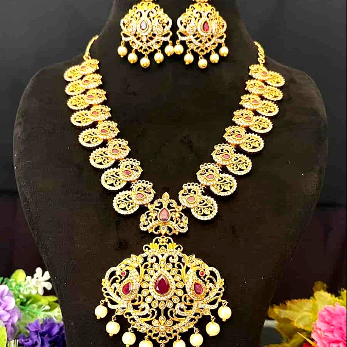 Royal Ruby Peacock Long Necklace Set