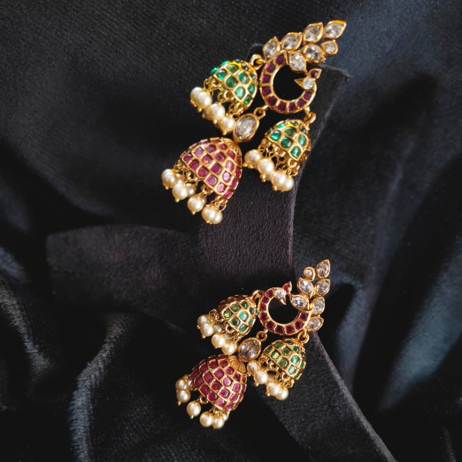 Dual Tone Kundan Jhumka Drop Earrings